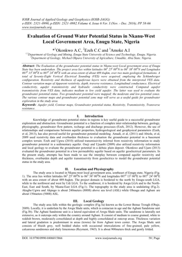 Evaluation of Ground Water Potential Status in Nkanu-West Local Government Area, Enugu State, Nigeria