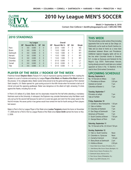 2010 Ivy League Men's Soccer INDIVIDUAL SOCCER STATISTICS Through Games of Sep 06, 2010 (All Games)