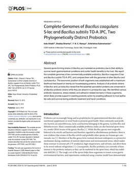 Bacillus Coagulans S-Lac and Bacillus Subtilis TO-A JPC, Two Phylogenetically Distinct Probiotics