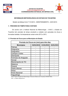 Estado Do Tocantins Corpo De Bombeiros Militar Coordenadoria Estadual De Defesa Civil