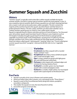 Summer Squash and Zucchini History “Summer Squash” Is Typically Used to Describe a Yellow Squash Available During the Summer Months