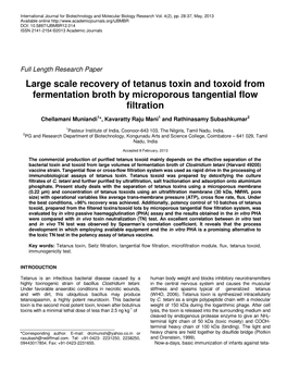 Large Scale Recovery of Tetanus Toxin and Toxoid from Fermentation Broth by Microporous Tangential Flow Filtration