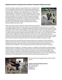 Adapted Equestrian Vaulting at the Cowichan Therapeutic Riding Association