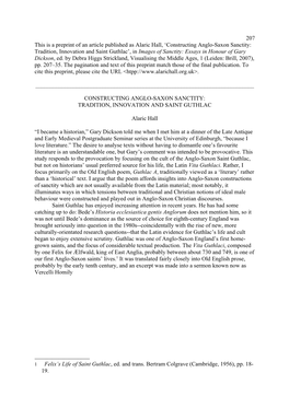 Constructing Anglo-Saxon Sanctity: Tradition, Innovation and Saint Guthlac’, in Images of Sanctity: Essays in Honour of Gary Dickson, Ed