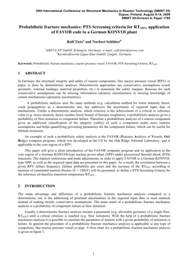 Probabilistic Fracture Mechanics: PTS Screening Criteria for RTNDT, Application of FAVOR Code to a German KONVOI Plant