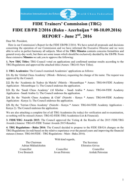 FIDE Trainers' Commission (TRG) FIDE EB/PB 2/2016