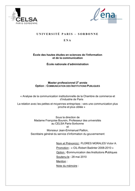 UNIVERSITÉ PARIS – SORBONNE ENA École Des Hautes Études En Sciences De L'information Et De La Communication École Nationa