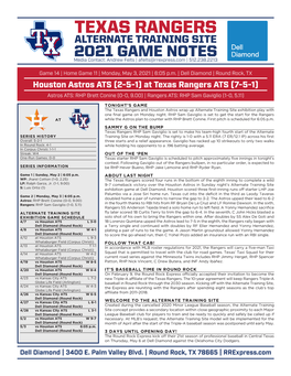 TEXAS RANGERS ALTERNATE TRAINING SITE 2021 GAME NOTES Media Contact: Andrew Felts | Afelts@Rrexpress.Com | 512.238.2213