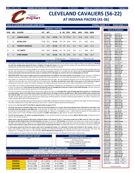 Cleveland Cavaliers (56-22) at Indiana Pacers (41-36)