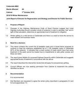 Calderdale MBC Wards Affected All Cabinet 1St October 2018 7 2018/19 Winter Maintenance