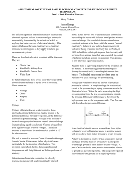 A HISTORICAL OVERVIEW of BASIC ELECTRICAL CONCEPTS for FIELD MEASUREMENT TECHNICIANS Part 1 – Basic Electrical Concepts