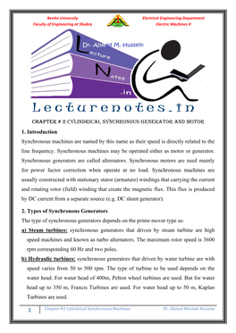 Chapter # 2 Cylindrical Synchronous Generator and Motor 1