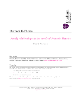 Family Relationships in the Novels of Francois Mauriac