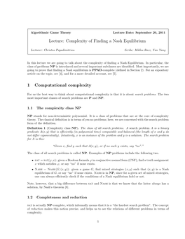 Lecture: Complexity of Finding a Nash Equilibrium 1 Computational