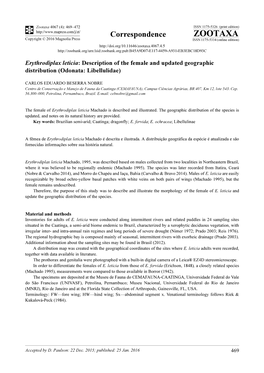 Erythrodiplax Leticia: Description of the Female and Updated Geographic Distribution (Odonata: Libellulidae)