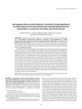 Diptera: Oestridae, Gasterophilinae) in White Rhinoceroses (Ceratotherium Simum) Imported from South Africa: Occurrence in Itatiba, São Paulo, Brazil1