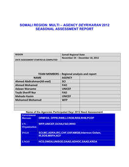 Somali Region: Multi – Agency Deyr/Karan 2012 Seasonal Assessment Report