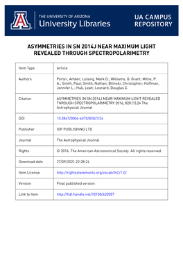 Asymmetries in Sn 2014J Near Maximum Light Revealed Through Spectropolarimetry