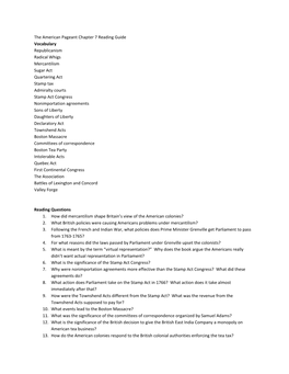 The American Pageant Chapter 7 Reading Guide Vocabulary Republicanism Radical Whigs Mercantilism Sugar Act Quartering Act Stamp