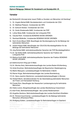 Verteiler Der Denkschrift „Konzept Einer Neuen Politik Zu Gunsten Von Menschen Mit Handicap“ 1) Dr