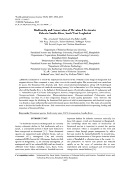 Biodiversity and Conservation of Threatened Freshwater Fishes in Sandha River, South West Bangladesh