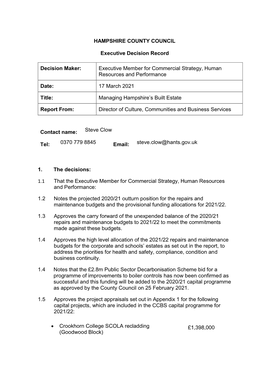 HAMPSHIRE COUNTY COUNCIL Executive Decision Record