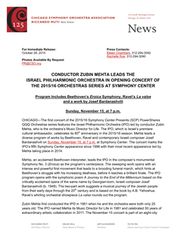 Conductor Zubin Mehta Leads the Israel Philharmonic Orchestra in Opening Concert of the 2015/16 Orchestras Series at Symphony Center