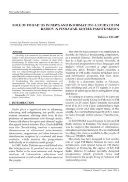 A Study of Fm Radios in Peshawar, Khyber Pakhtunkhwa