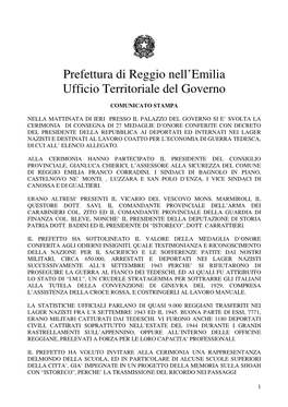 Prefettura Di Reggio Nell'emilia Ufficio Territoriale Del Governo