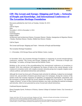 The Levant and Europe: Shipping and Trade -- Networks of People and Knowledge