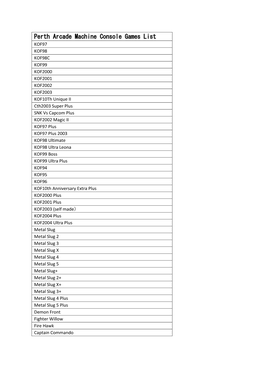 Perth Arcade Machine Console Games List
