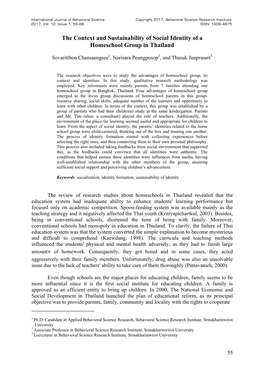 The Context and Sustainability of Social Identity of a Homeschool Group in Thailand