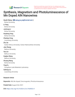 Synthesis, Magnetism and Photoluminescence of Mn Doped Aln Nanowires