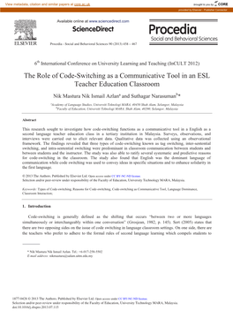 The Role of Code-Switching As a Communicative Tool in an ESL Teacher Education Classroom