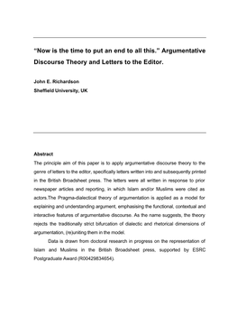 “Now Is the Time to Put an End to All This.” Argumentative Discourse Theory and Letters to the Editor