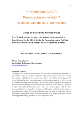 9 º Congreso ALACIP Democracias En Recesión? 26-28 De Julio De 2017, Montevideo