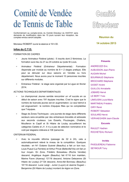 Infos Du C.T.D. Réunion Du 14 Octobre 2013
