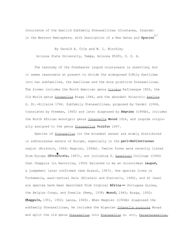 Occurrence of the Asellid Subfamily Stenasellinae (Crustacea, Isopoda) 1/ in the Western Hemisphere, with Description of a New Genus and Species