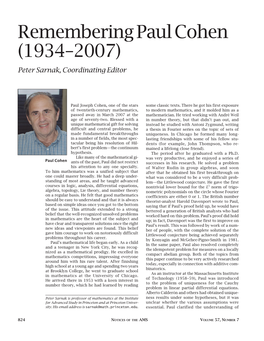Remembering Paul Cohen (1934–2007) Peter Sarnak, Coordinating Editor