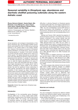 Seasonal Variability in Dinophysis Spp. Abundances and Diarrhetic Shellfish Poisoning Outbreaks Along the Eastern Adriatic Coast