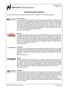 National Semiconductor Is Pleased to Bring You This Kit in Cooperation with the Following Partners