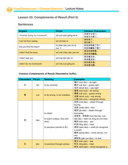 Lesson 33: Complements of Result (Part 5) Sentences