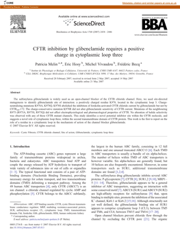 CFTR Inhibition by Glibenclamide Requires a Positive Charge in Cytoplasmic Loop Three ⁎ Patricia Melin A, , Eric Hosy B, Michel Vivaudou B, Frédéric Becq A