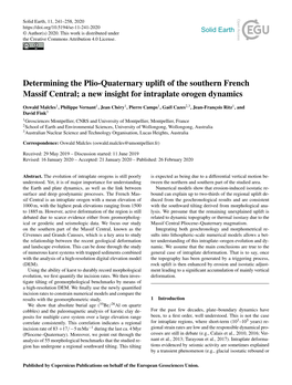 Determining the Plio-Quaternary Uplift of the Southern French Massif Central; a New Insight for Intraplate Orogen Dynamics