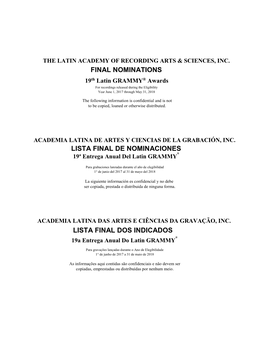 Final Nominations Lista Final De Nominaciones Lista Final Dos Indicados