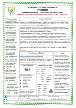 HYLTON CASTLE PRIMARY SCHOOL NEWSLETTER Weekly