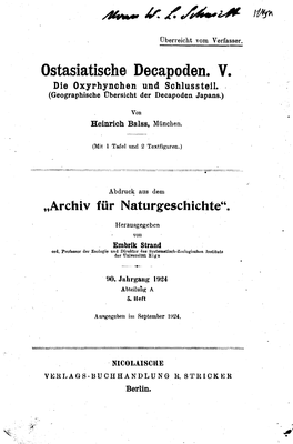 Ostasiatische Decapoden. V. Die Oxyrhynehen Und Schlussteil