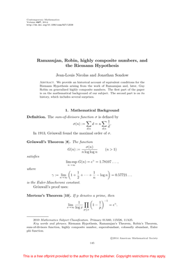 Ramanujan, Robin, Highly Composite Numbers, and the Riemann Hypothesis