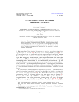 INVERSE PROBLEMS for NONLINEAR HYPERBOLIC EQUATIONS Gunther Uhlmann Jian Zhai 1. Introduction. Many Physical Phenomena Are Model