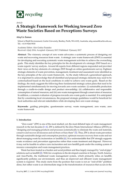 A Strategic Framework for Working Toward Zero Waste Societies Based on Perceptions Surveys